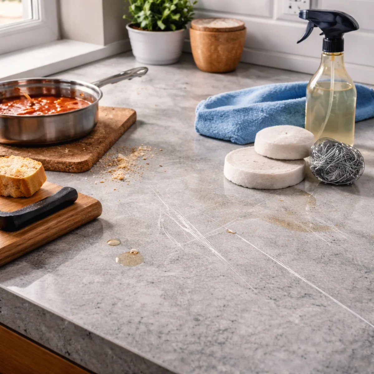 Mikrorysy na blacie ze spieku kwarcowego w kuchni obok deski i patelni na podkładce