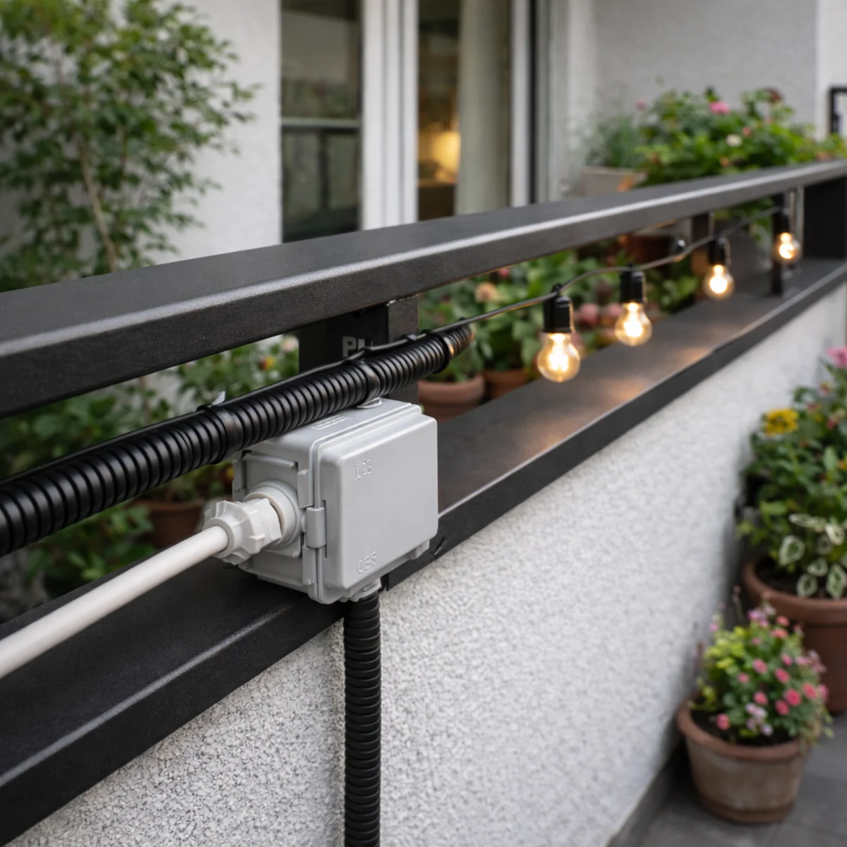 Przewody na balkonie poprowadzone w peszlu przy balustradzie, lampki w tle