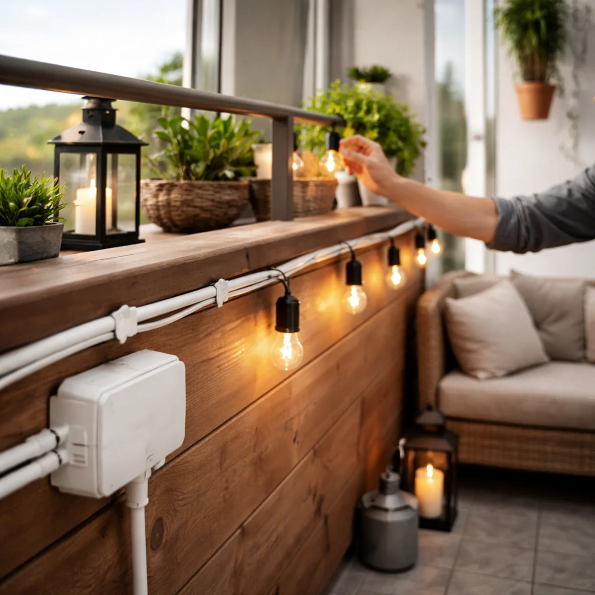 Puszka hermetyczna i przewody w peszlu na balkonie przy balustradzie