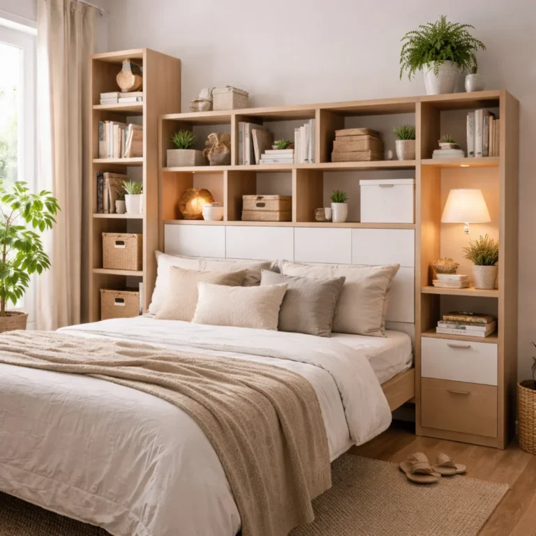 Regał modułowy w małej sypialni jako zagłówek łóżka, półki i zamknięte moduły do przechowywania