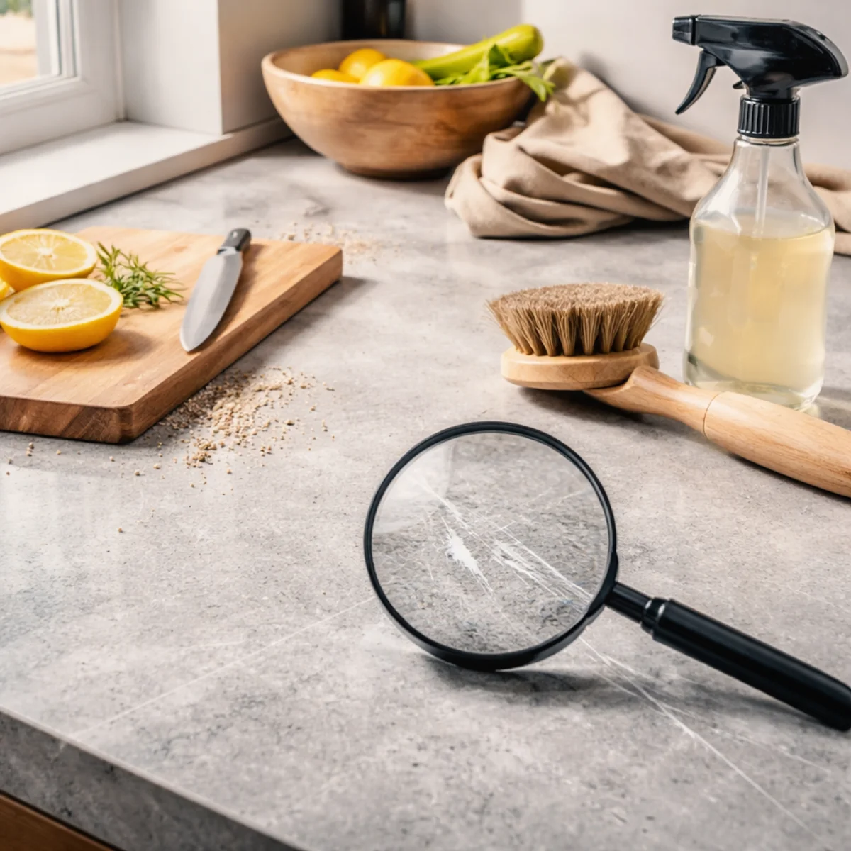 Rysy na blacie ze spieku kwarcowego widoczne pod lupą na kuchennym blacie