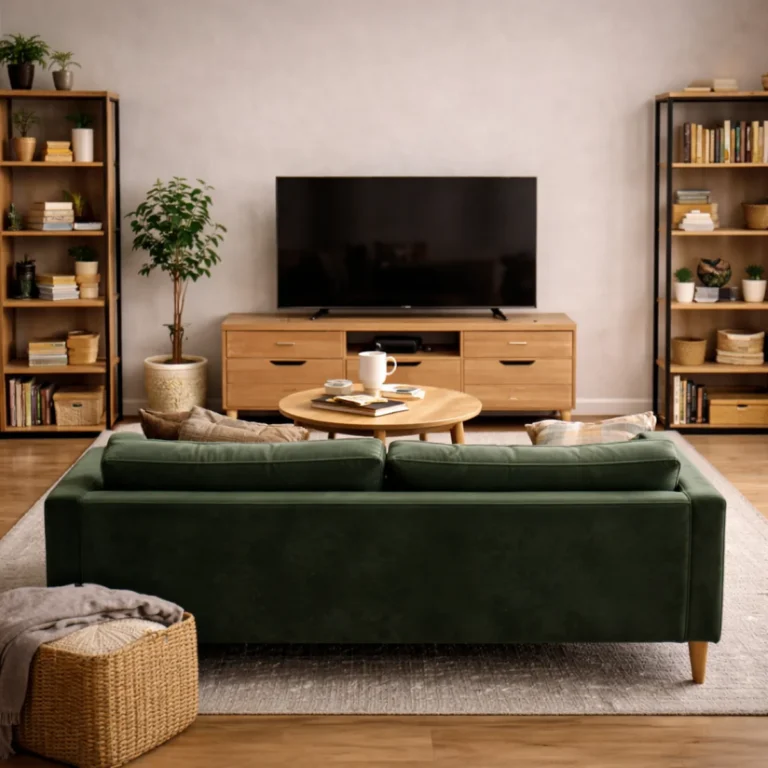 Zielona sofa do małego salonu ustawiona naprzeciw telewizora na szafce RTV, z okrągłym stolikiem