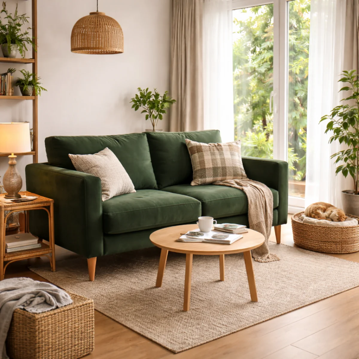 Zielona sofa w małym salonie z welurową tapicerką, stolikiem i roślinami