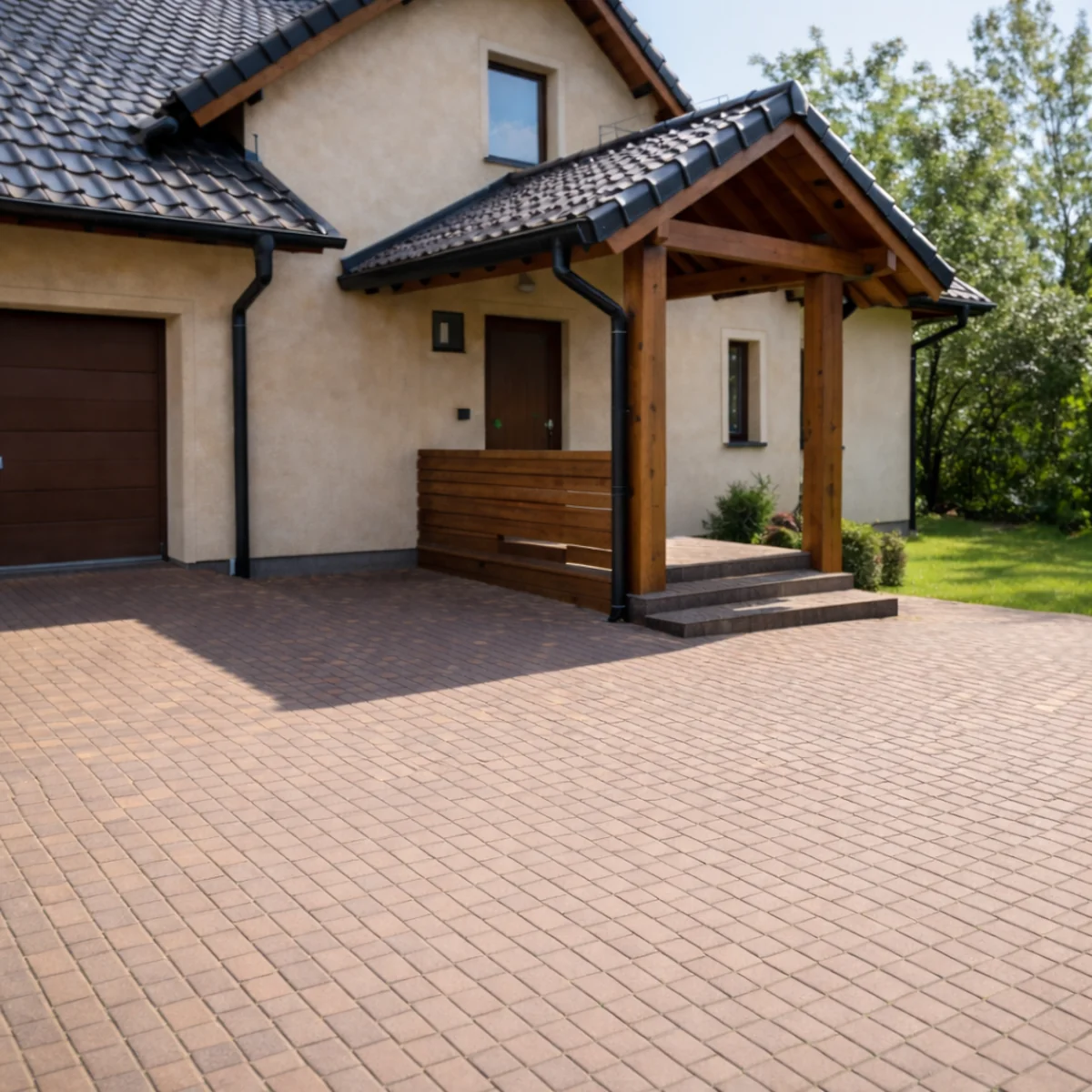 Dom jednorodzinny z podjazdem i zadaszonym wejściem w świetle dziennym