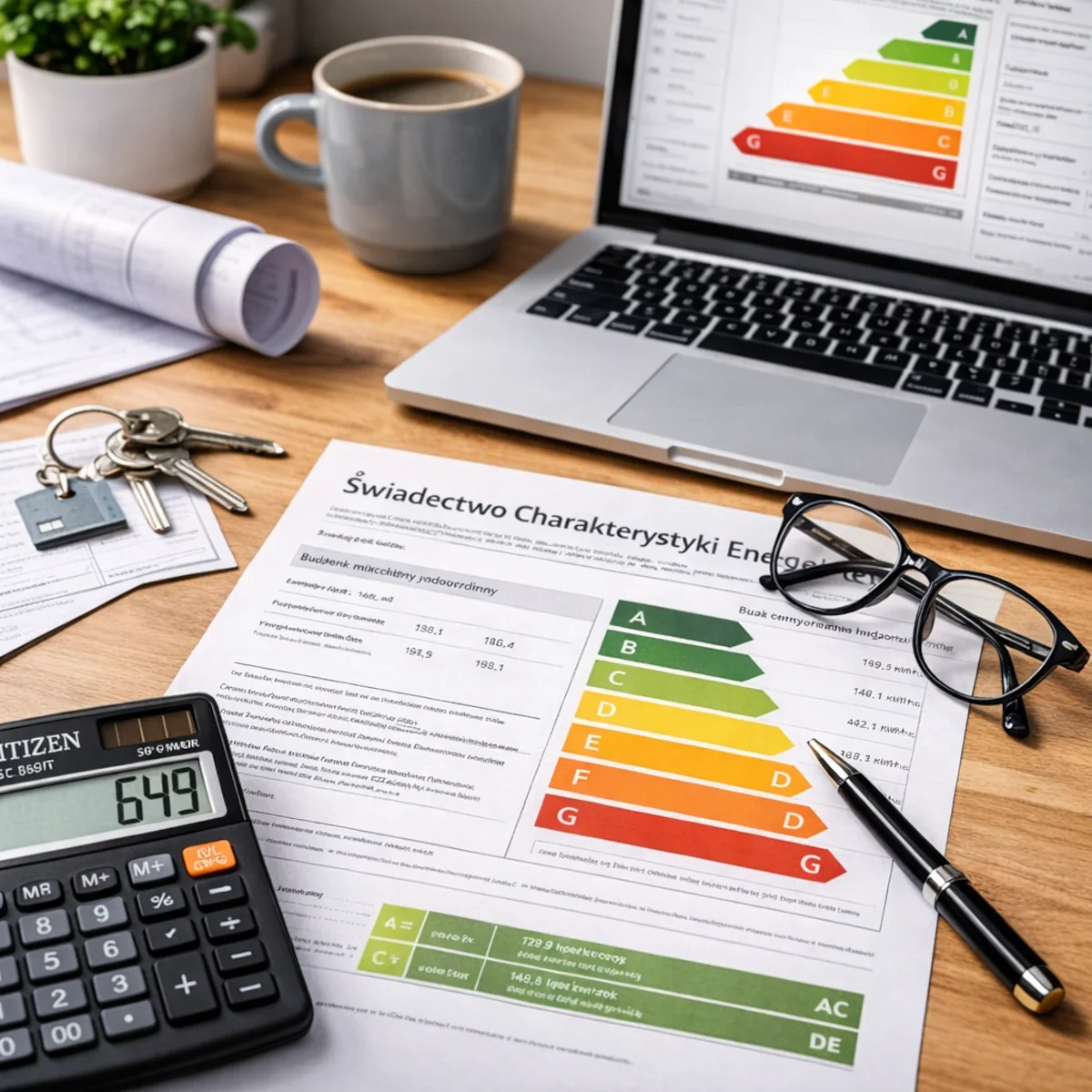 Świadectwo charakterystyki energetycznej na biurku obok laptopa i kalkulatora