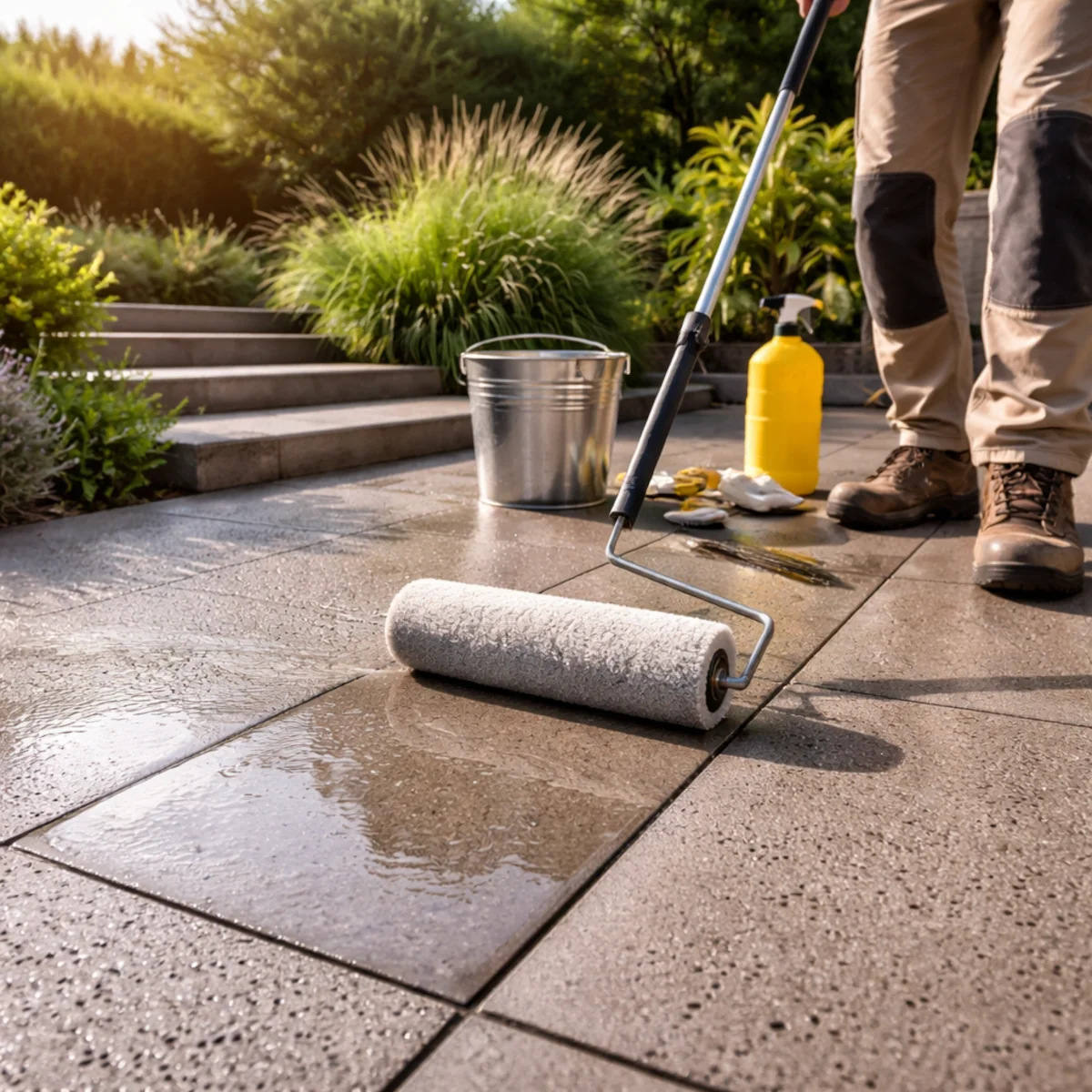 Impregnacja tarasu betonowego na zewnątrz rolką, zabezpieczenie przed wodą i mrozem