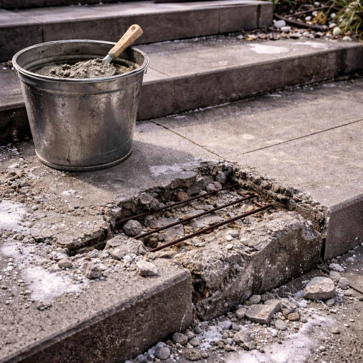 Popękany schodek betonowy na zewnątrz z odsłoniętym zbrojeniem, uszkodzenie po mrozie i wodzie