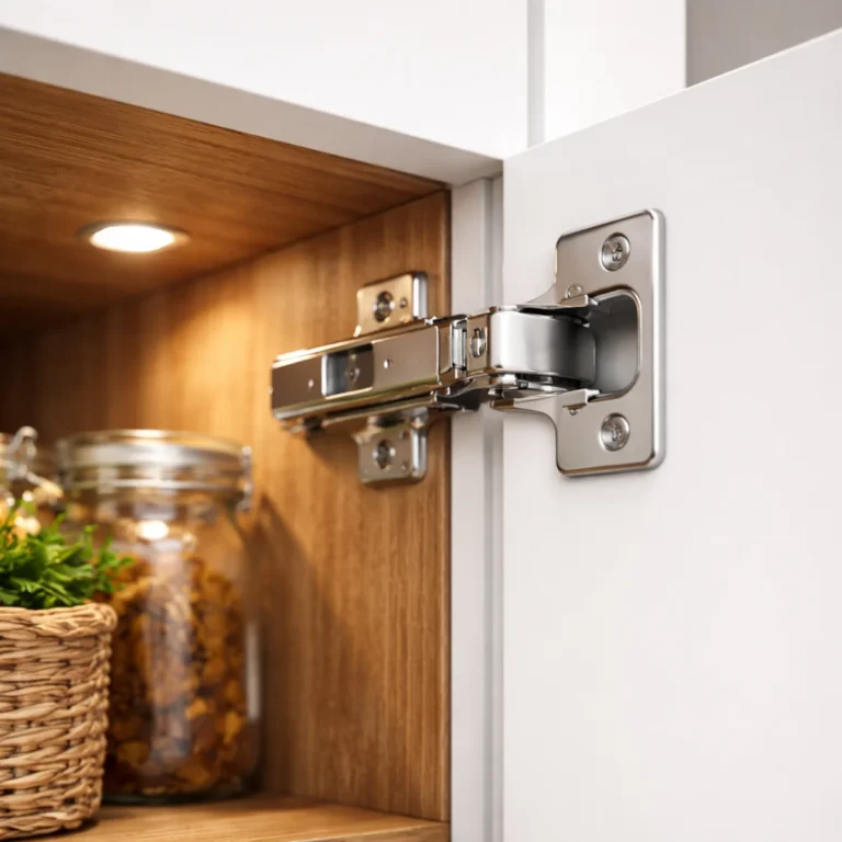 Zbliżenie na zawias z cichym domykiem w białej szafce kuchennej, podświetlenie LED w środku szafki