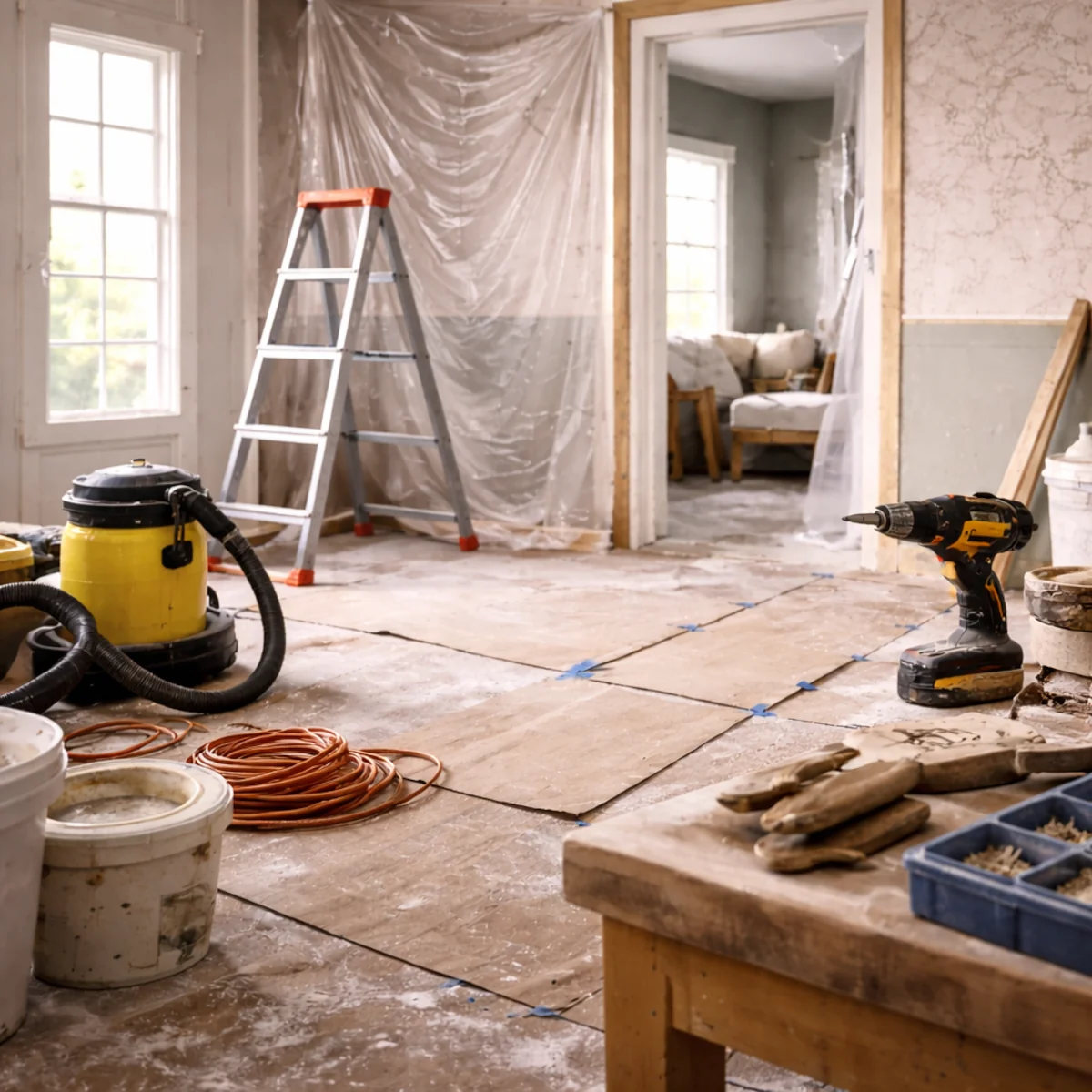 Pomieszczenie w trakcie remontu z zabezpieczoną podłogą i sprzętem BHP, drabina i odkurzacz budowlany
