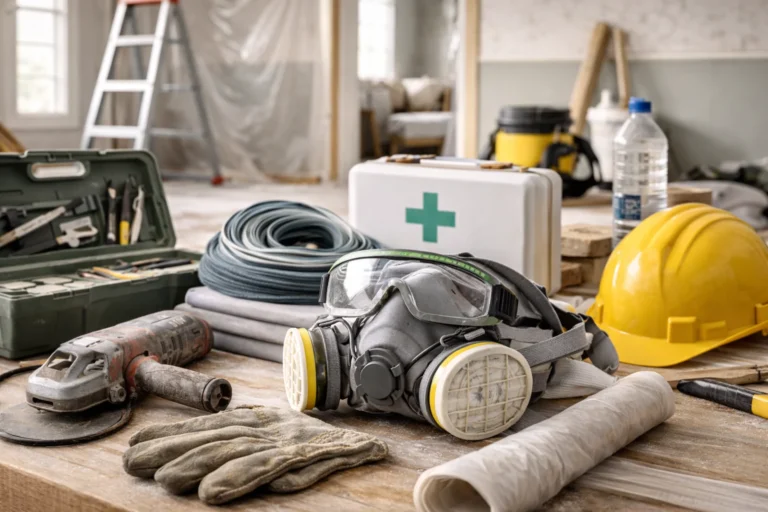 Sprzęt BHP do remontu w domu: maska z filtrami, okulary ochronne, rękawice i narzędzia na stole roboczym