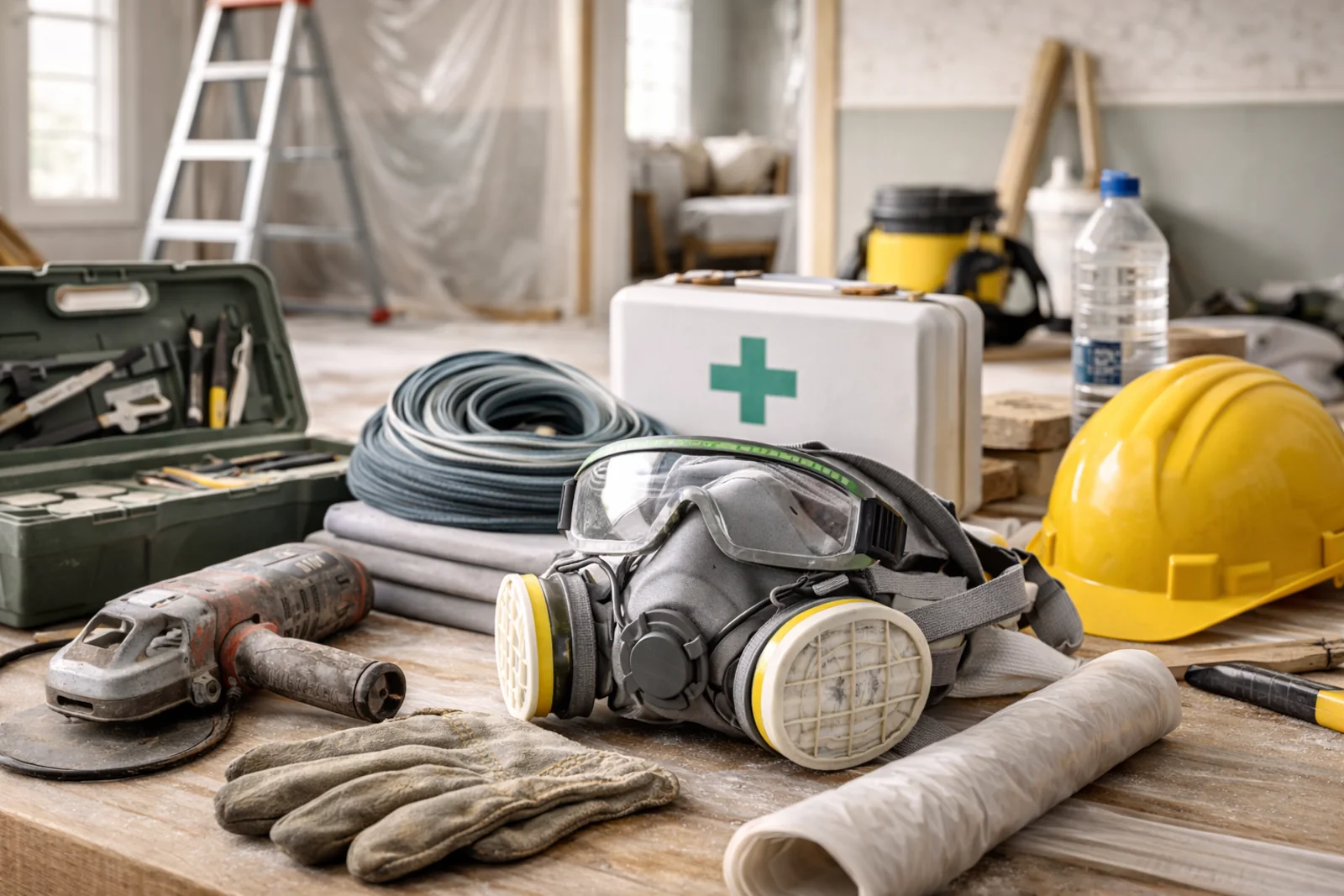 Sprzęt BHP do remontu w domu: maska z filtrami, okulary ochronne, rękawice i narzędzia na stole roboczym