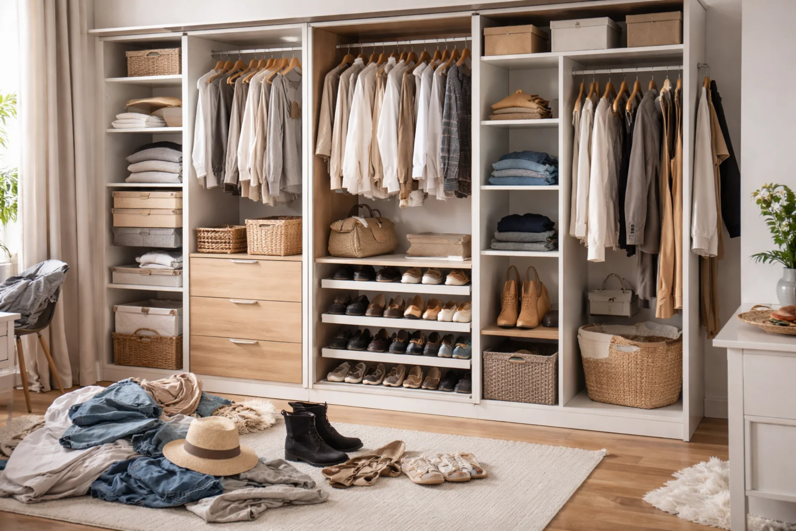 Nowoczesna szafa z półkami, szufladami i ubraniami oraz bałaganem na podłodze pokazującym błędy przy urządzaniu szafy