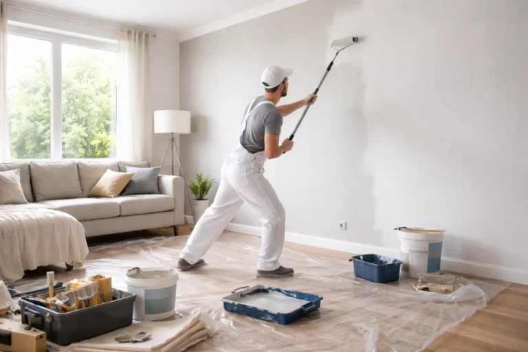 Zbliżenie na jasną ścianę w trakcie malowania bez człowieka z wałkiem i akcesoriami malarskimi na podłodze