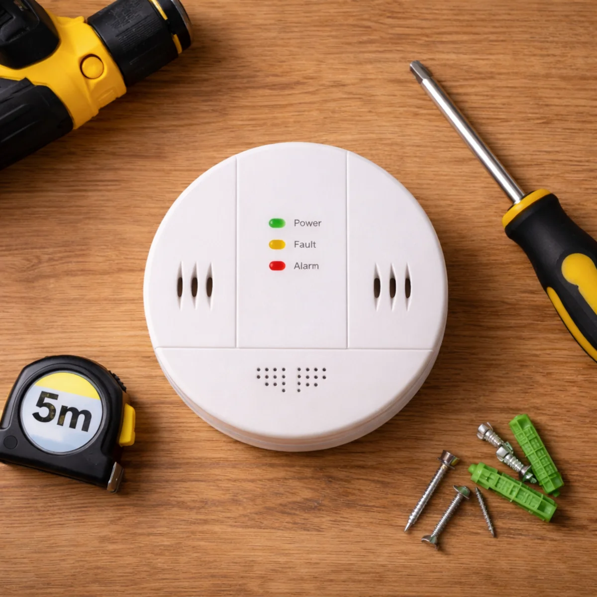 Czujnik tlenku węgla na blacie z narzędziami do montażu