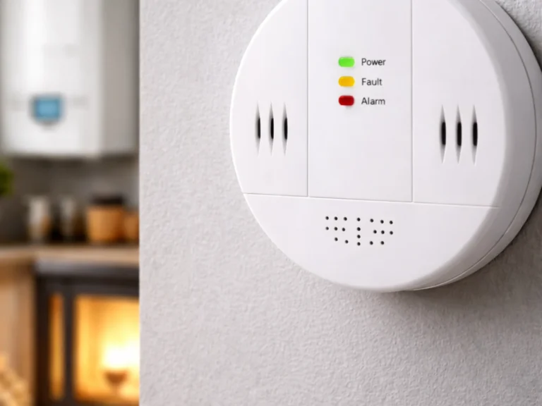 Czujnik tlenku węgla na ścianie w domu, w tle kocioł i kominek