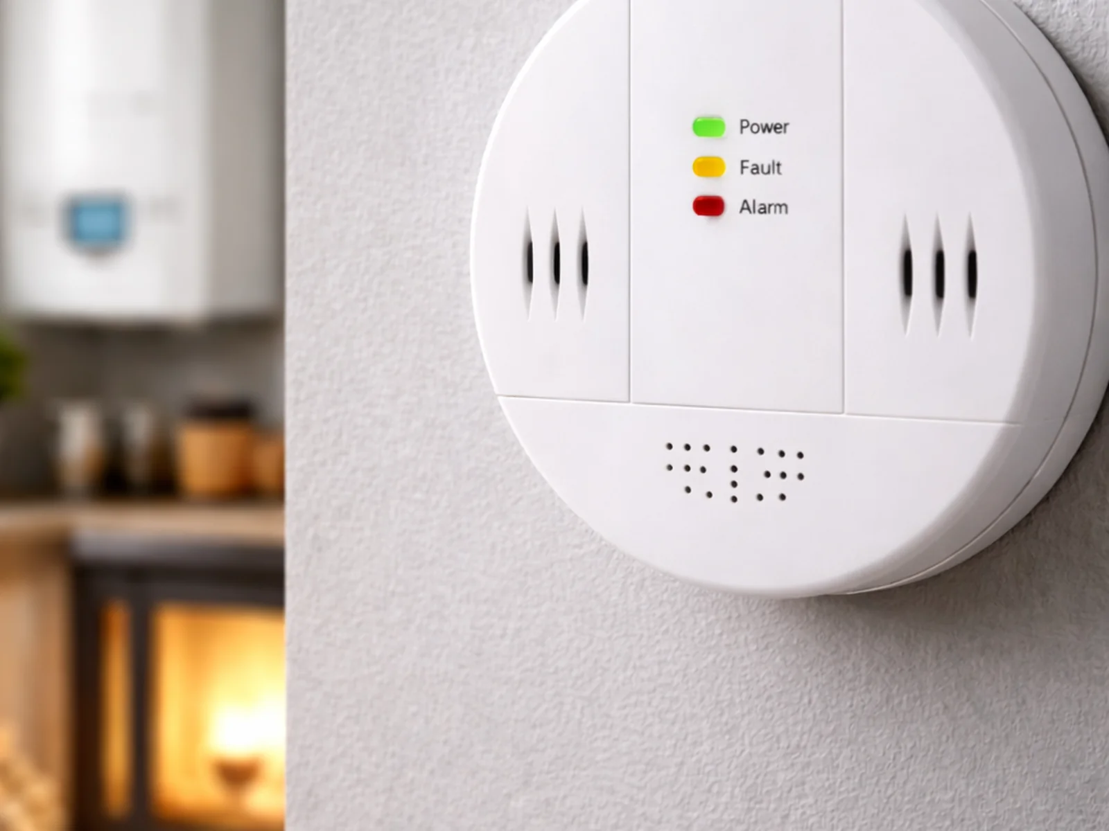 Czujnik tlenku węgla na ścianie w domu, w tle kocioł i kominek