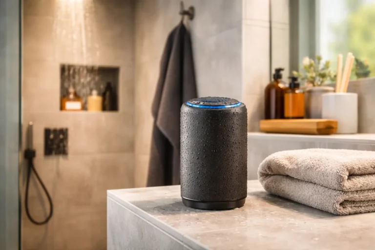 Głośnik do łazienki ustawiony na blacie w nowoczesnej łazience, odporny na wilgoć i zachlapanie