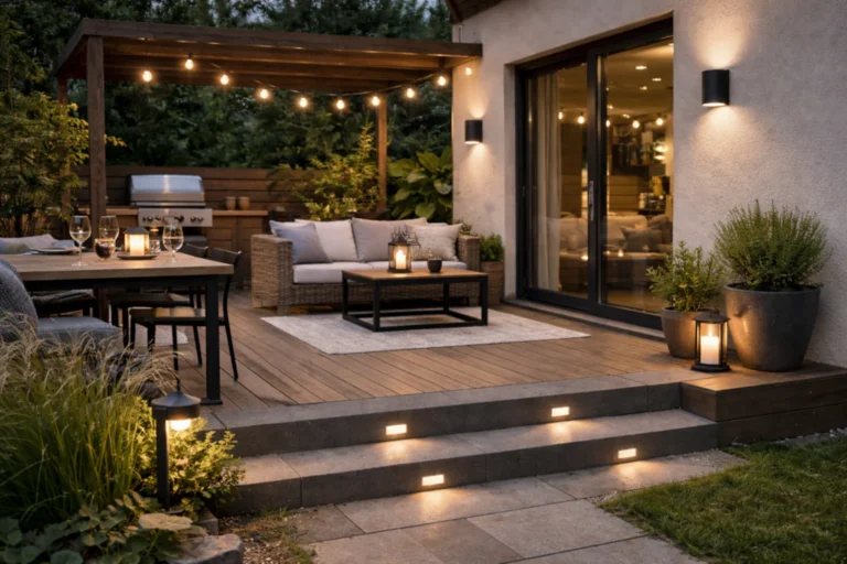 Prosty taras przy domu jednorodzinnym z delikatnym oświetleniem LED, schodami, kinkietem ściennym i strefą wypoczynku