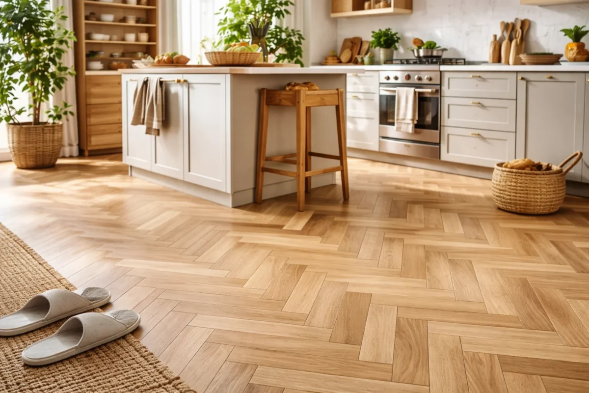 Jasna kuchnia z drewnianą podłogą w jodełkę i dużą wolną powierzchnią podłogi