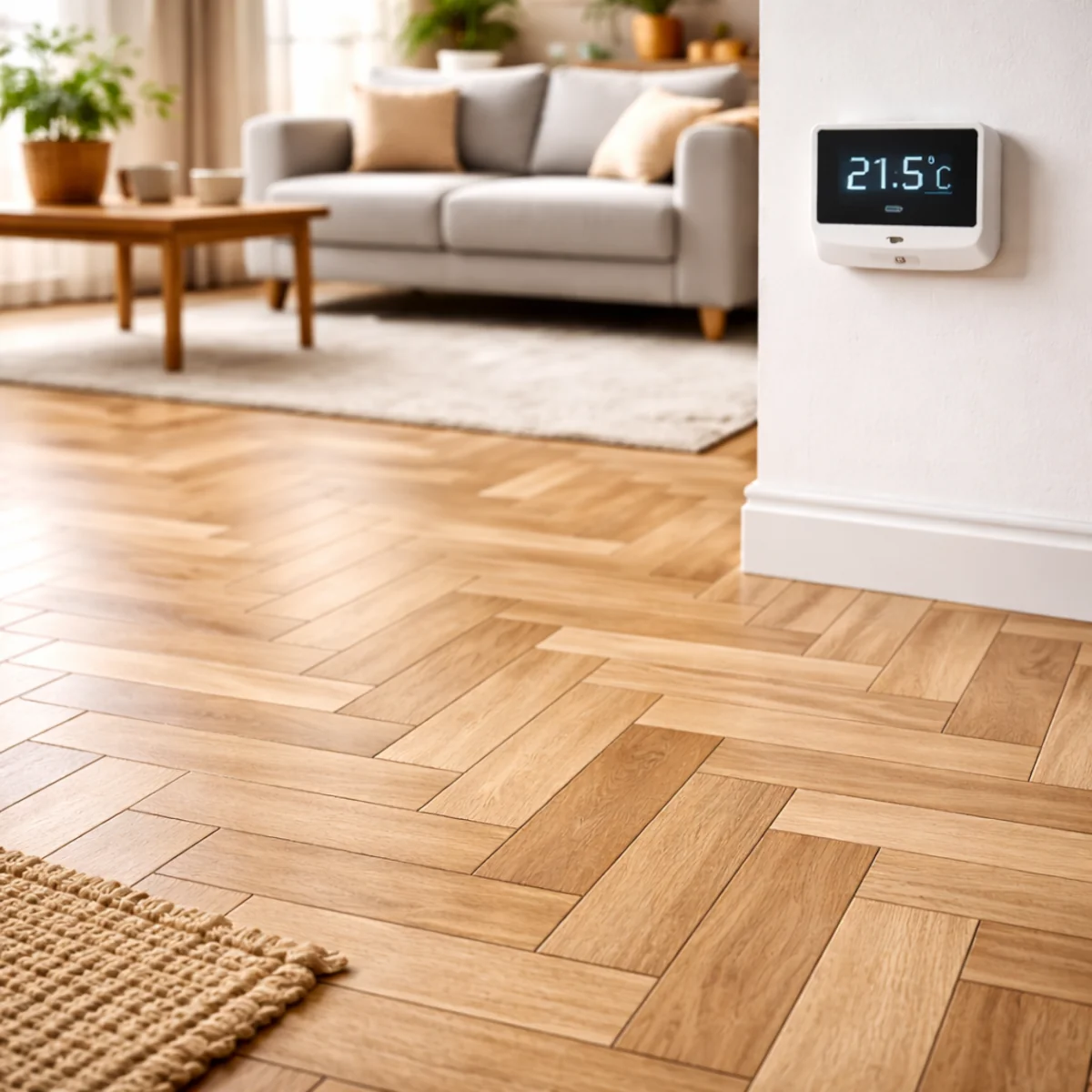 Termostat na ścianie nad jasną podłogą w jodełkę w nowoczesnym wnętrzu