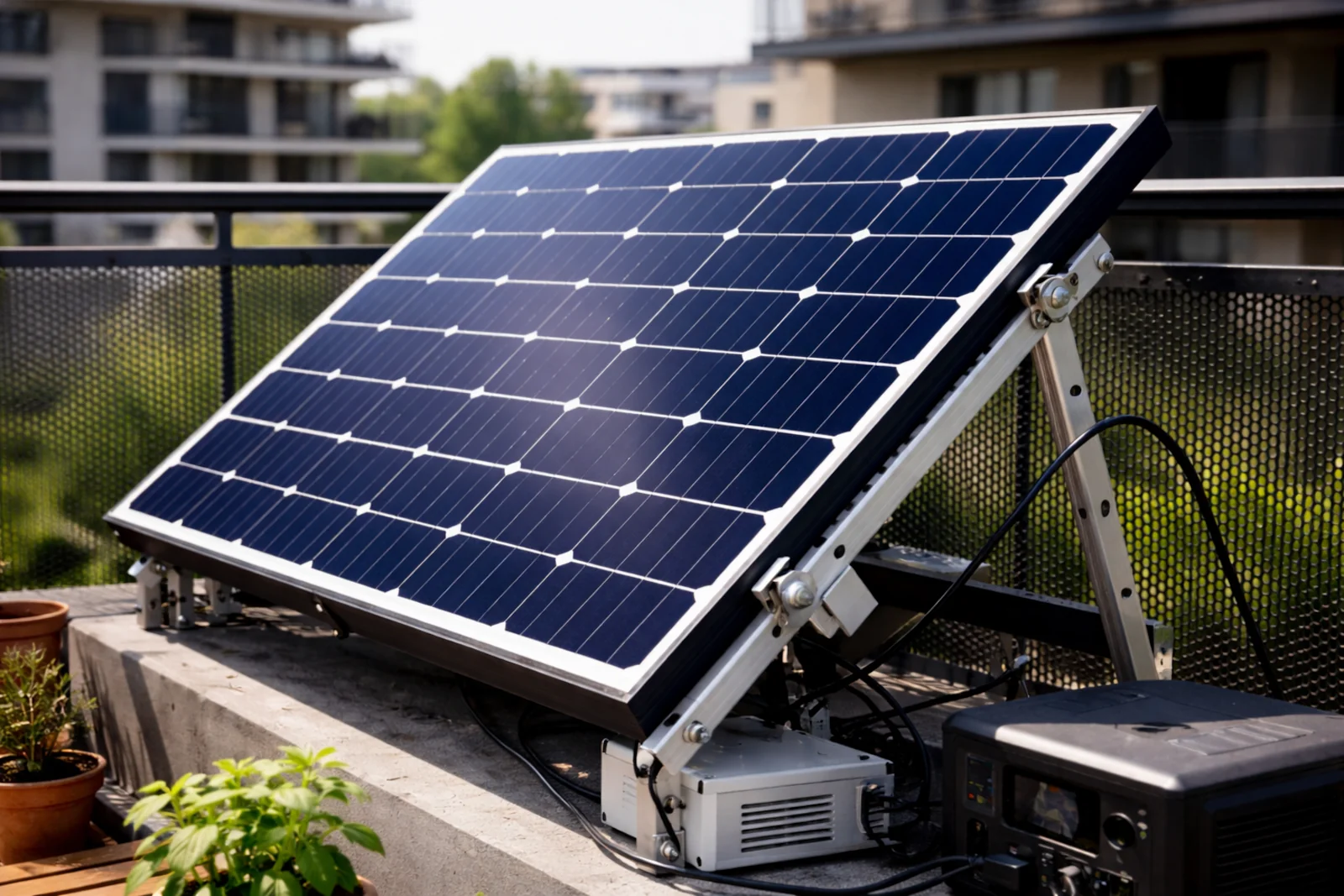 Panel fotowoltaiczny na balkonie ustawiony pod odpowiednim kątem, aby dawał więcej prądu w mieszkaniu