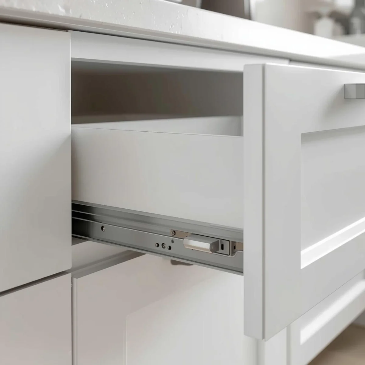 Biała szuflada kuchenna w trakcie otwierania z widoczną metalową prowadnicą boczną w szafce