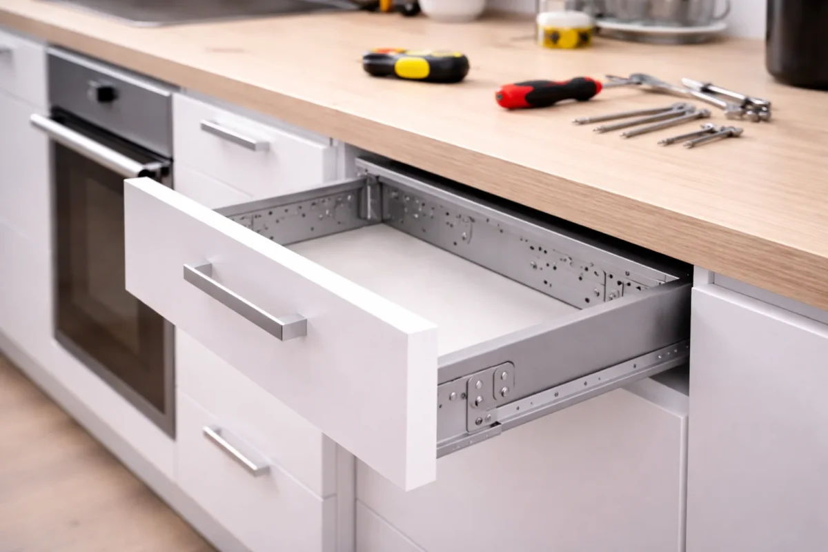 Otwarta biała szuflada kuchenna z widocznymi metalowymi prowadnicami bocznymi w nowoczesnej zabudowie kuchennej
