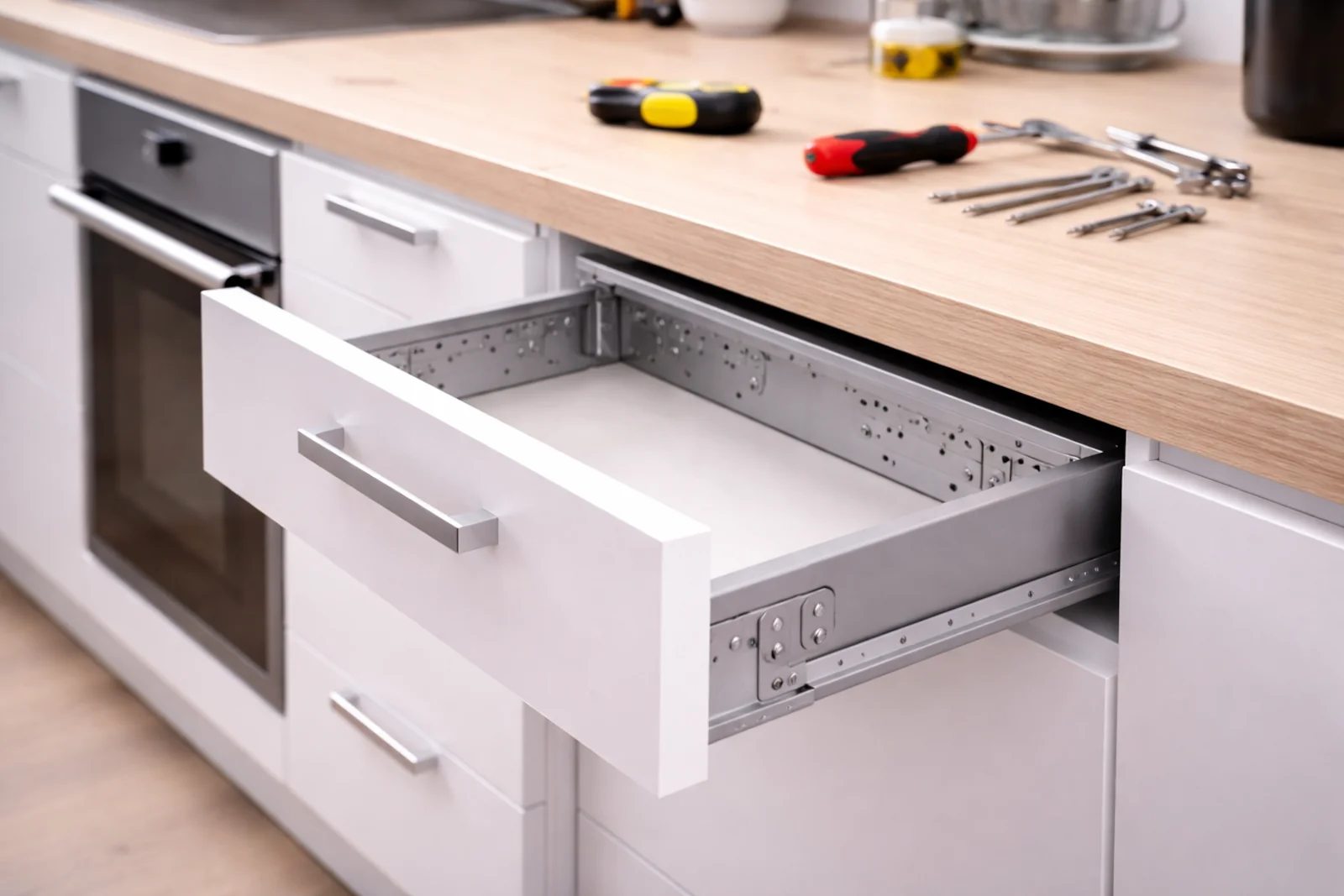 Otwarta biała szuflada kuchenna z widocznymi metalowymi prowadnicami bocznymi w nowoczesnej zabudowie kuchennej