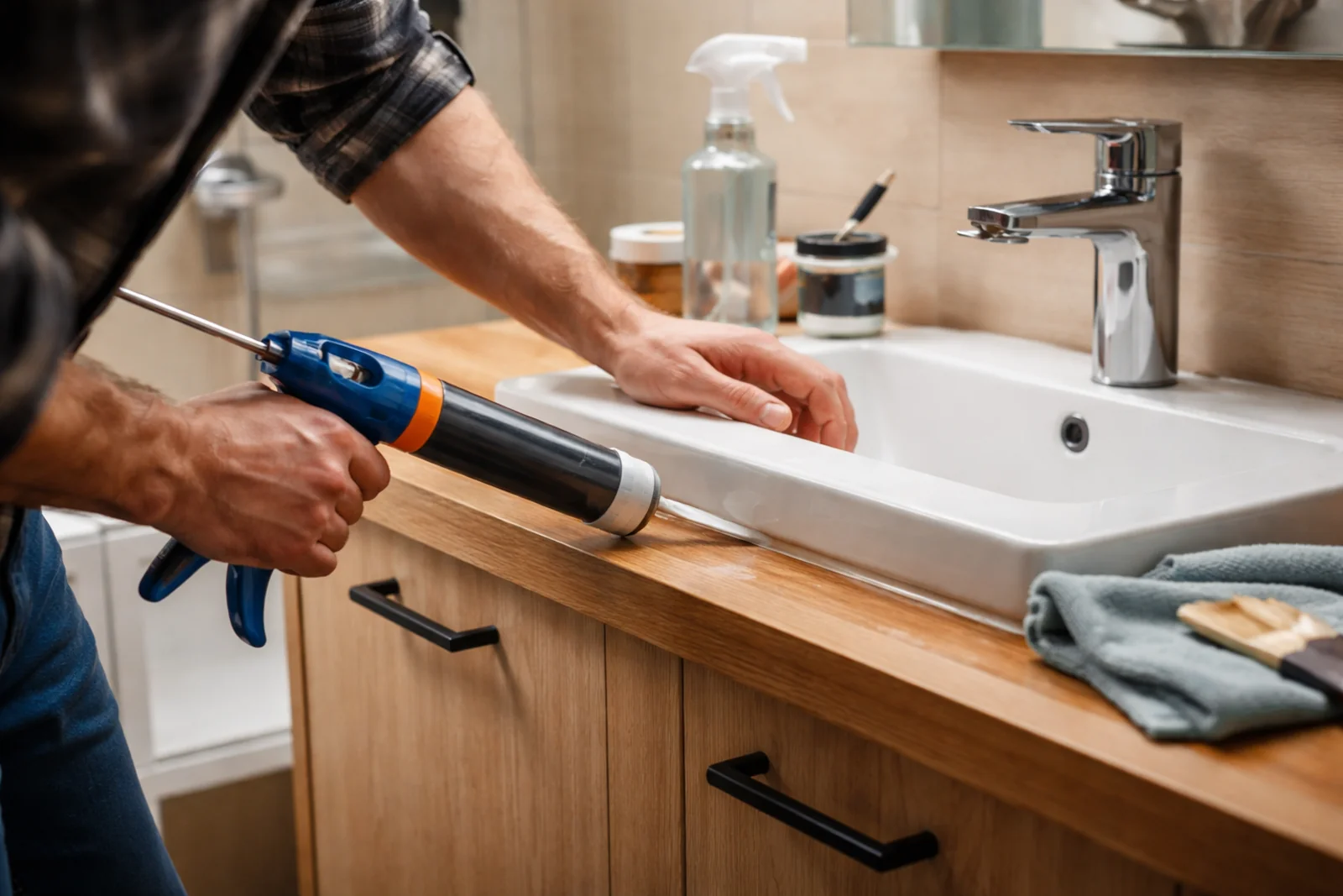 Mężczyzna silikonuje połączenie umywalki z blatem szafki łazienkowej, zabezpieczając meble łazienkowe przed wilgocią.
