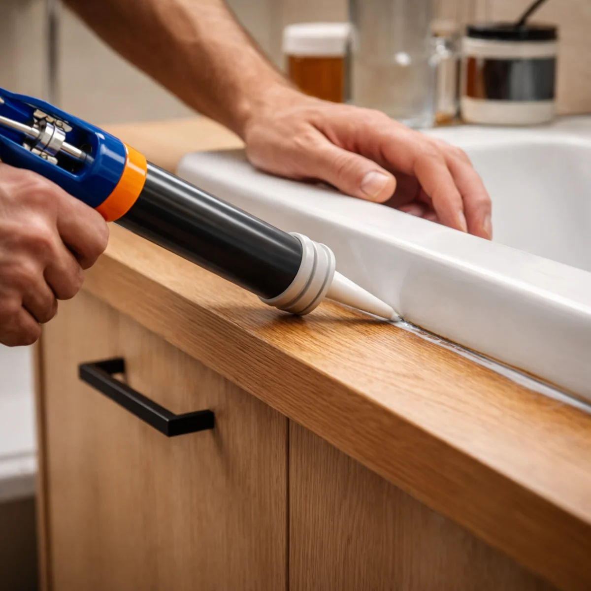 Precyzyjne silikonowanie umywalki przy szafce łazienkowej jako sposób na zabezpieczenie mebli łazienkowych przed puchnięciem.