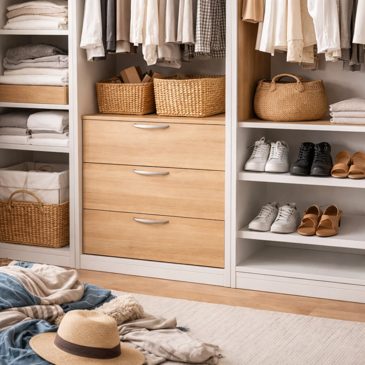 Zbliżenie na część szafy z trzema szufladami i trzema parami butów pokazujące dobrze uporządkowane wnętrze szafy