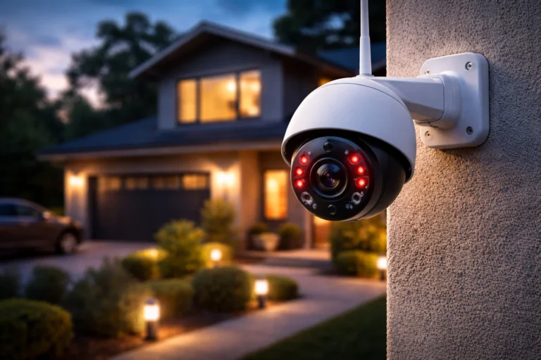 Zbliżenie na zewnętrzną kamerę monitoringu zamontowaną na narożniku domu jednorodzinnego o zmierzchu