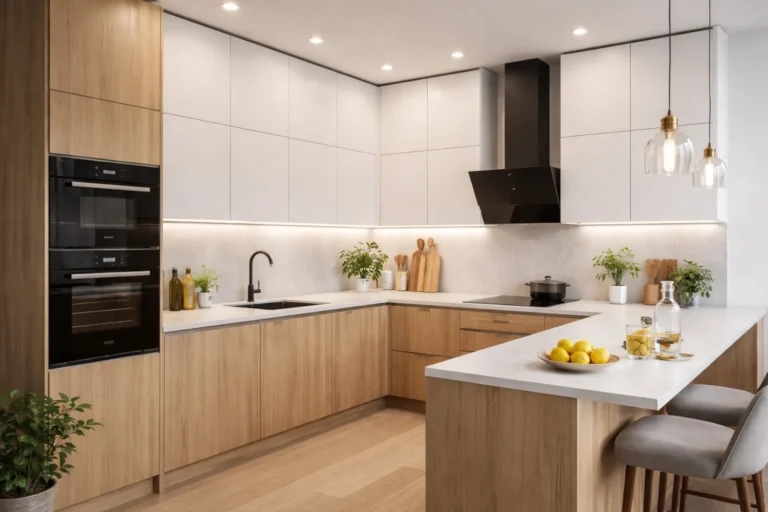 Nowoczesna kuchnia do sufitu z jasnymi frontami, drewnianą zabudową, wyspą i wysokimi szafkami bez wolnej przestrzeni pod sufitem