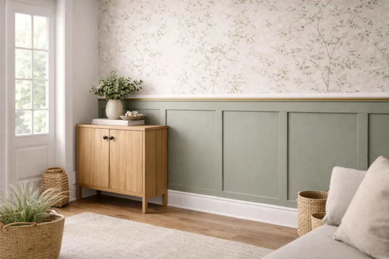 Salon z lamperią na ścianie i tapetą u góry, ujęcie pod kątem z oknem po lewej