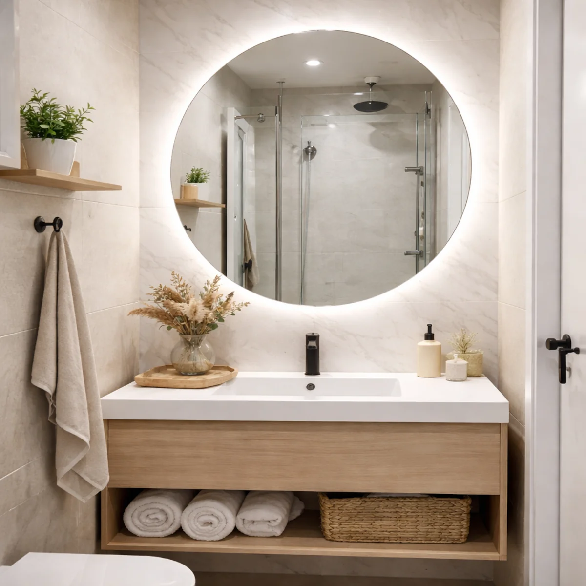 Lustro do małej łazienki z podświetleniem LED – okrągła tafla nad umywalką i jasne tło