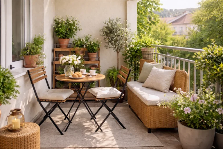 Meble ogrodowe na mały balkon w bloku – mały stolik i składane krzesła na wiosnę