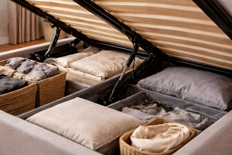 Zbliżenie na mechanizm podnoszenia stelaża w łóżku, widoczny siłownik i zawias przy pojemniku.