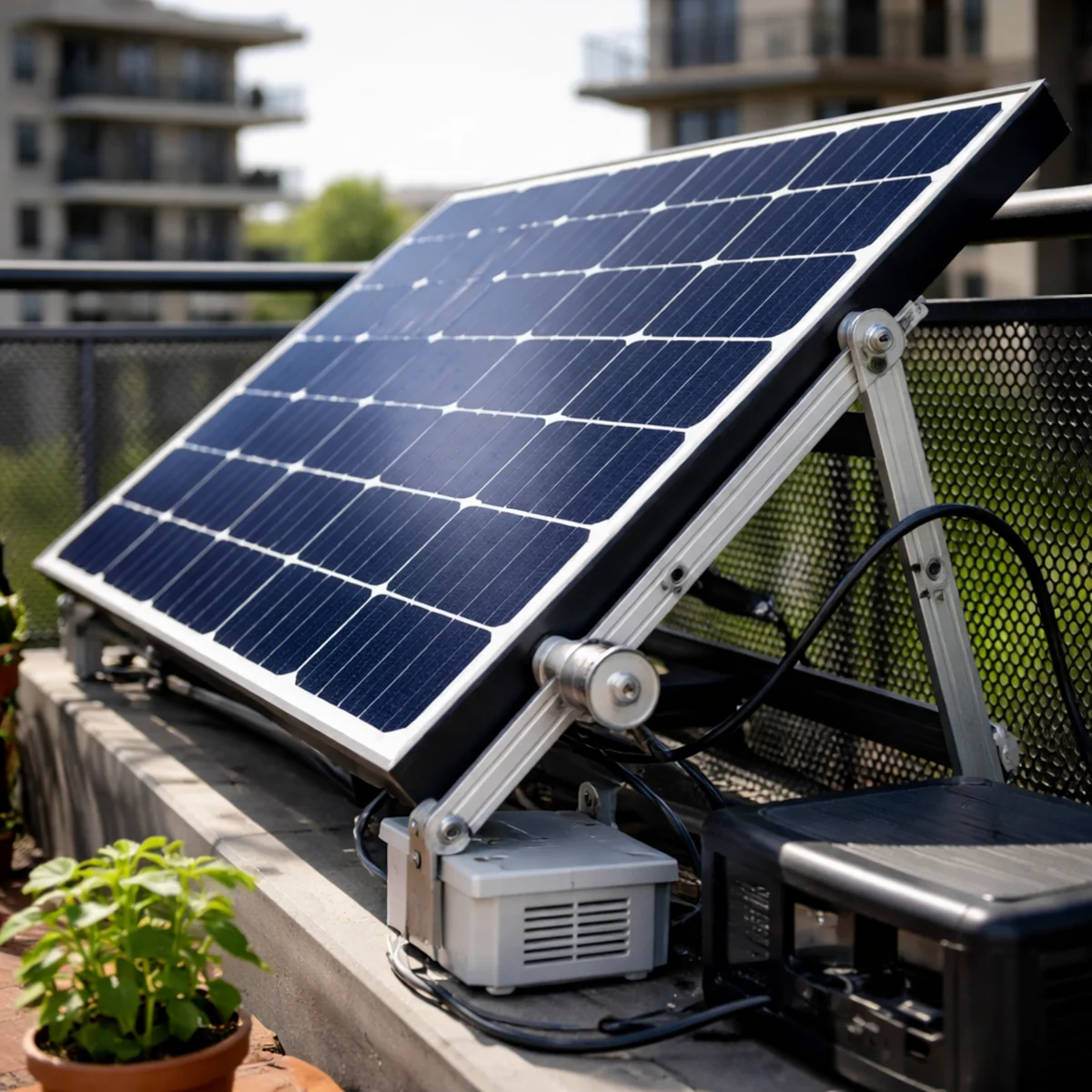 Zbliżenie na nachylenie panelu fotowoltaicznego na balkonie i regulowany uchwyt montażowy