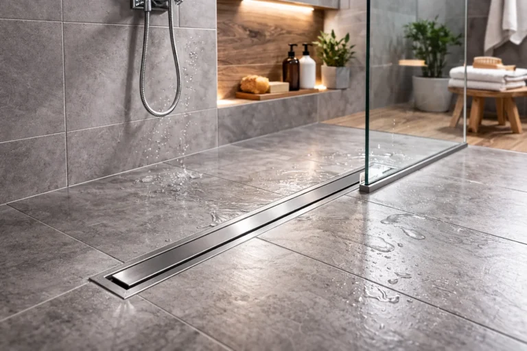 Prysznic bez brodzika walk-in z odwodnieniem liniowym, mokre płytki ze spadkiem do odpływu i szklana ścianka.