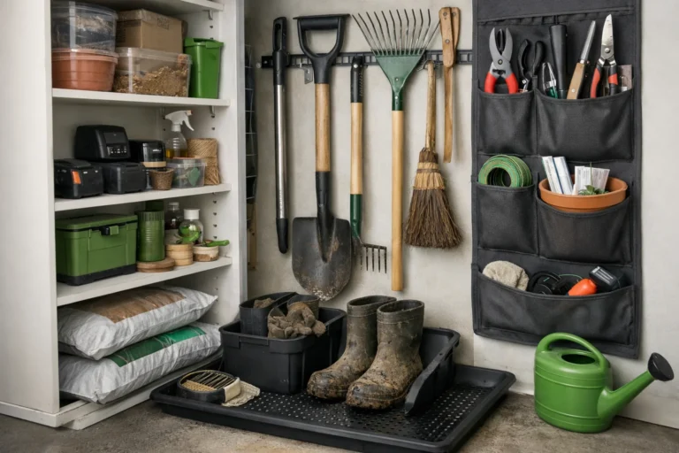 Dobrze zorganizowana szafa z narzędziami ogrodowymi w bloku, z półkami, pojemnikami i miejscem na buty oraz akcesoria