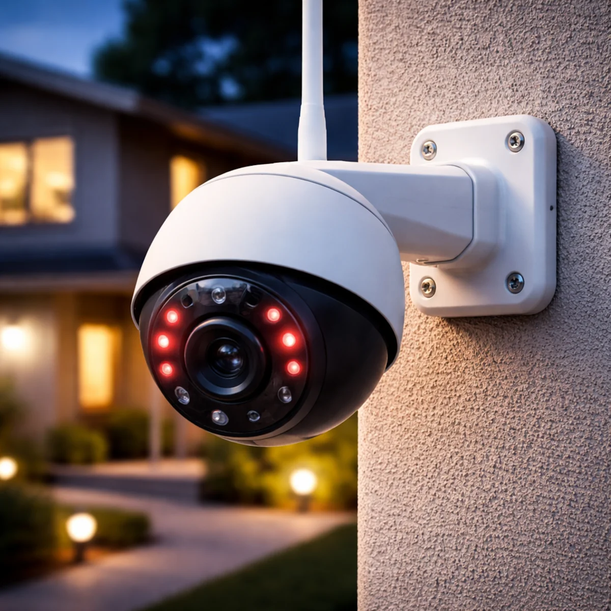 Detal mocowania kamery monitoringu do ściany z widocznymi śrubami typu gwiazdka przy uchwycie