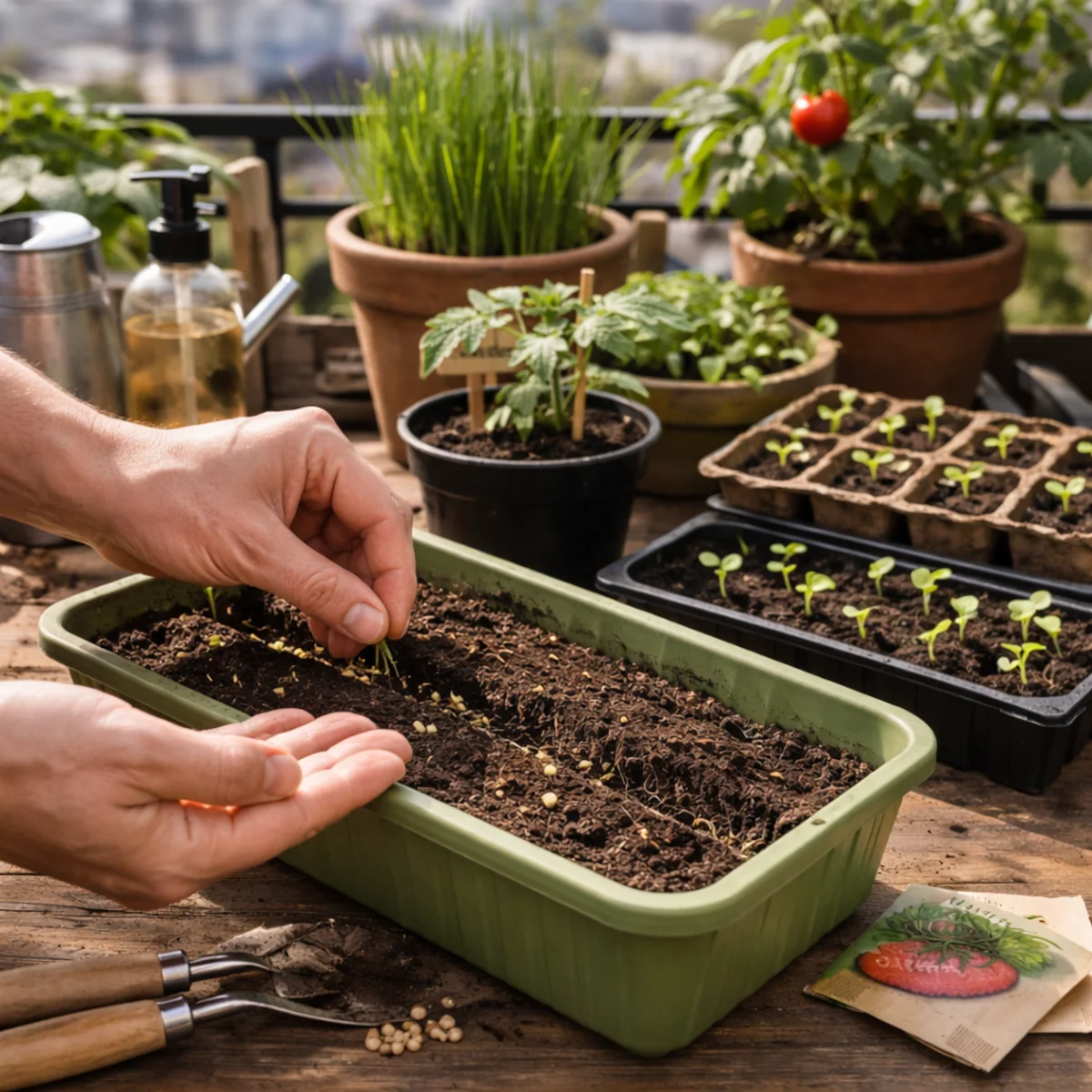 Wiosenne wysiewy w donicach na balkonie z młodą rozsadą sałaty, bazylii i pomidora oraz akcesoriami ogrodniczymi