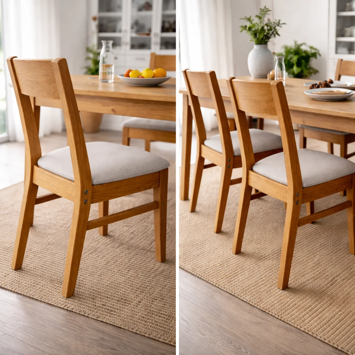 Stabilne drewniane krzesła przy stole w jasnej jadalni