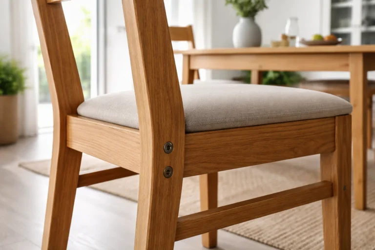 Zbliżenie na stabilne drewniane krzesło i mocne łączenie siedziska