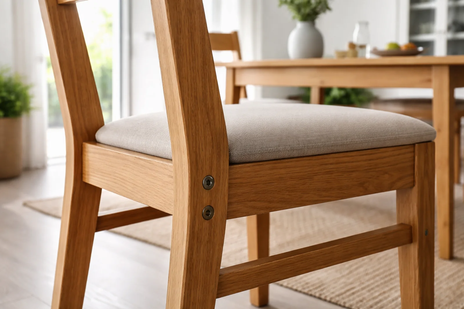 Zbliżenie na stabilne drewniane krzesło i mocne łączenie siedziska