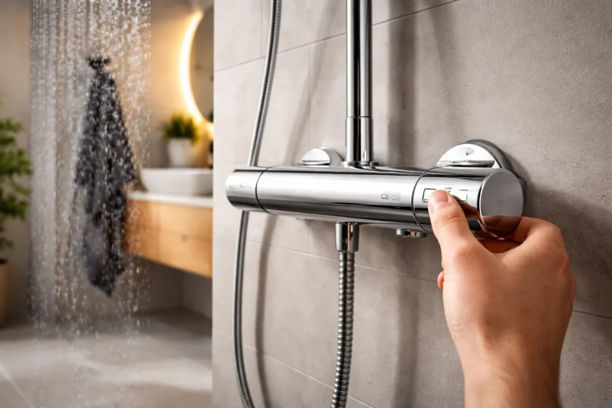 Termostat prysznicowy w nowoczesnej łazience podczas ustawiania temperatury wody