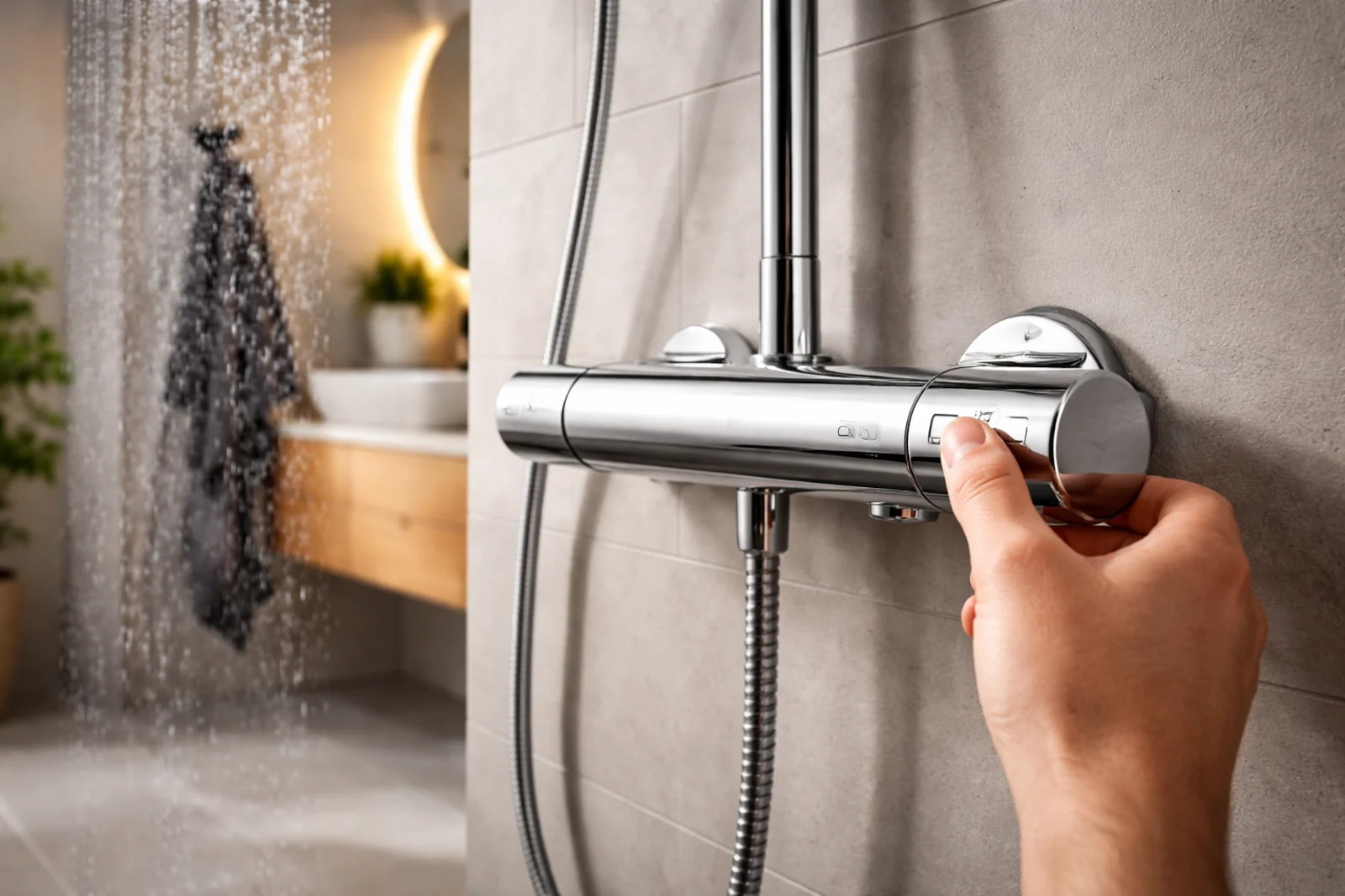Termostat prysznicowy w nowoczesnej łazience podczas ustawiania temperatury wody