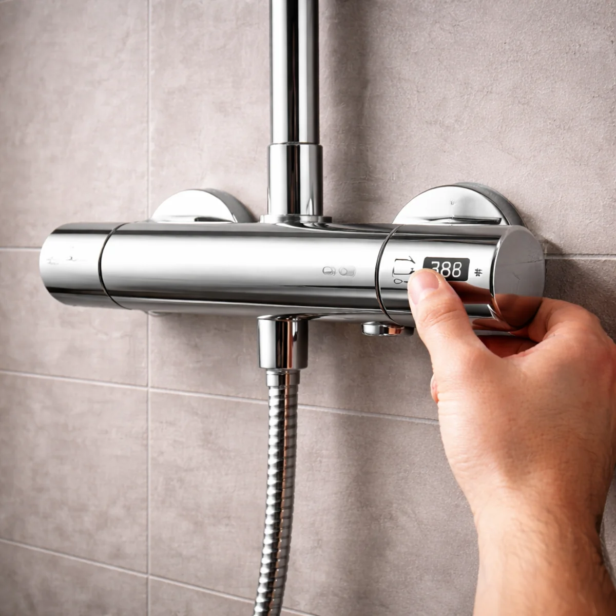 Termostat prysznicowy w chromowanym zestawie prysznicowym na tle jasnych płytek łazienkowych