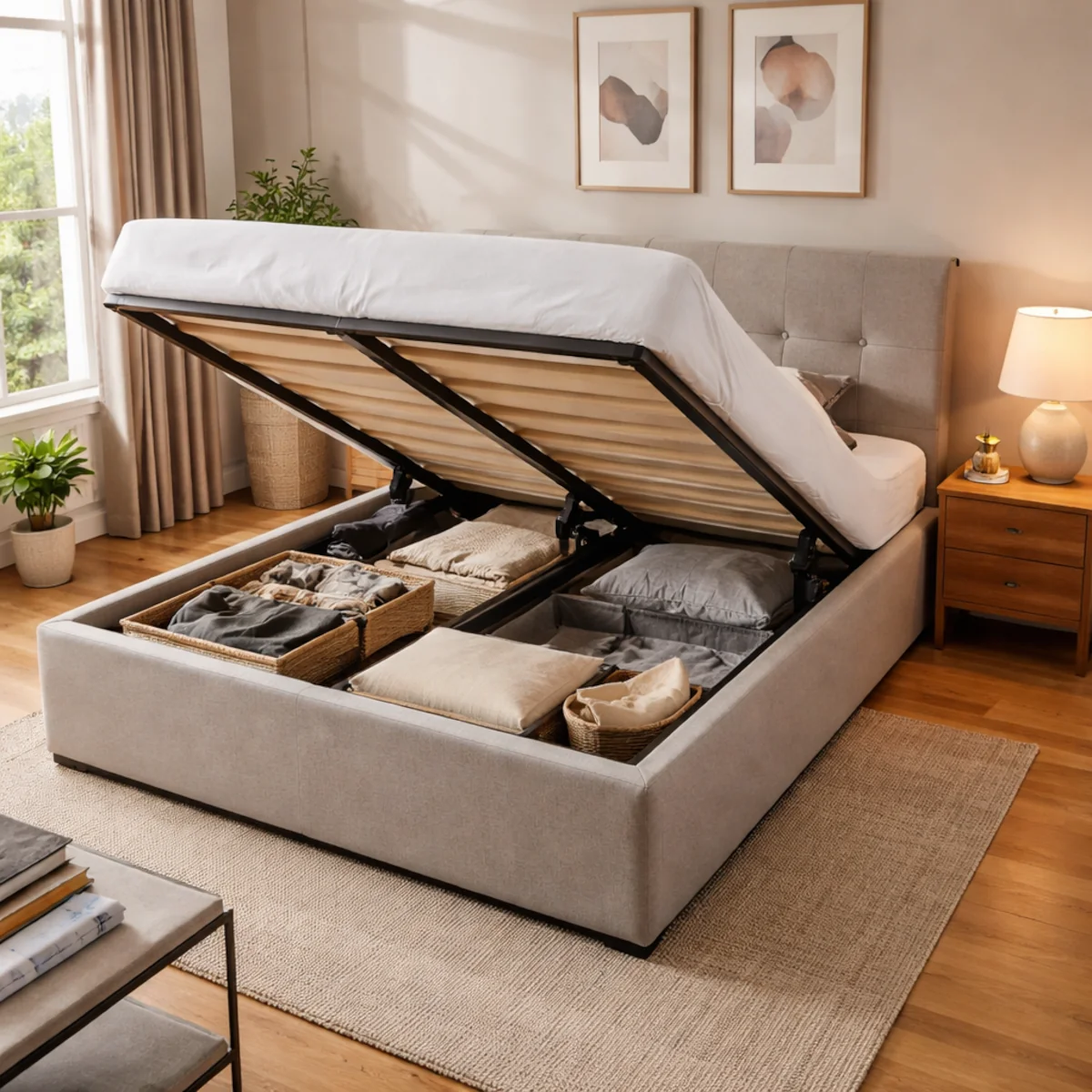 Otwarte łóżko z podnoszonym stelażem i pojemnikiem na pościel, kosze z tekstyliami w jasnej sypialni.