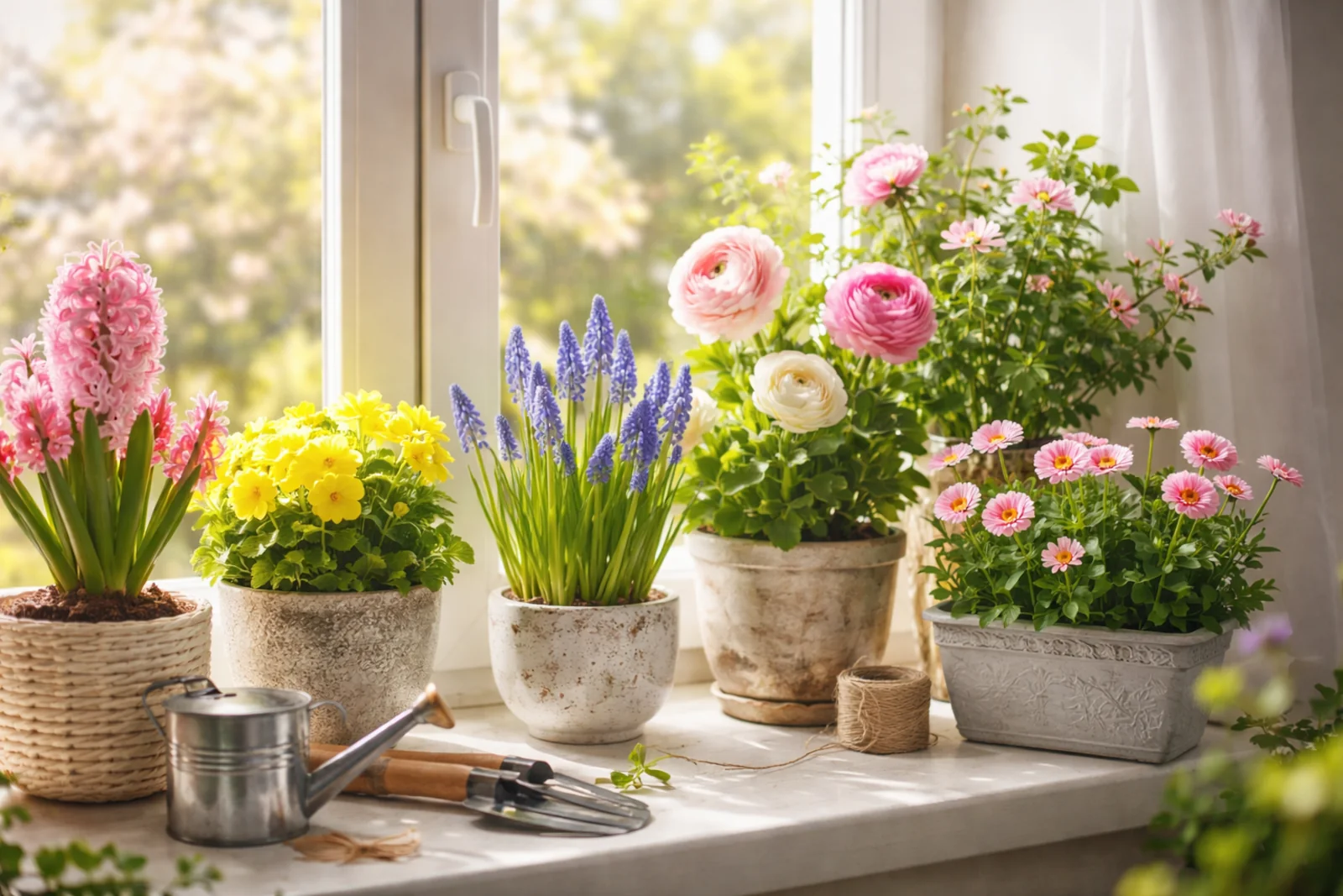 Wiosenne kwiaty doniczkowe na jasnym parapecie w mieszkaniu, kolorowe rośliny kwitnące w naturalnym świetle